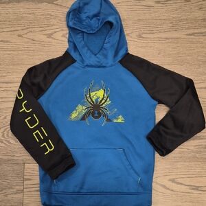 Spyder Kids Blue and Black Crewneck Hoodie with Yellow Spider Graphic Size M